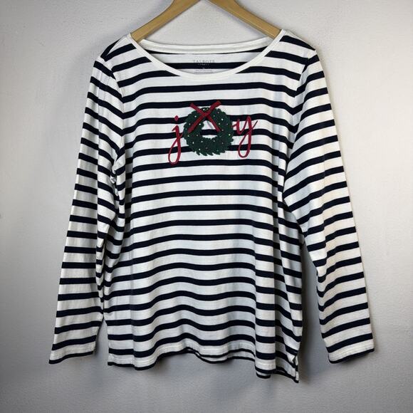 Talbots 1X Stripe Joy Wreath Crewneck Tee Long Sleeve Top Women’s Christmas XL - Picture 2 of 12